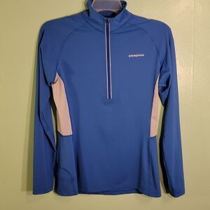Patagonia Womens Zip Pullover Shirt Blue Color Block Long Sleeve Stretch M